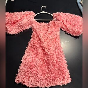 Pink Textured Dress with Puffy Sleeves